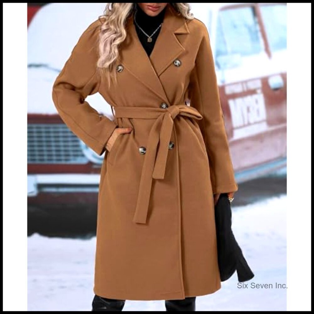 Women's Double Breasted Wool Pea Coat with Belt, Notch Lapel, Long Sleeve - Picture 2 of 5
